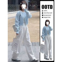 Autumn New Fashion Short Blue Knitted Cardigan Wide Leg Pants Lazy Style Two-piece Suit for Women