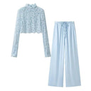 Women's Pants Set New 2026 Summer Long Sleeve Hollowed-Out Shirt Satin Trousers with Drawstring Two Piece Female Outfit