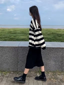 Spring and Autumn Women's Hong Kong-style Slimming Loose Striped Sweat Half-length Skirt Wear a Complete Set of Korean-style Two-piece Suit