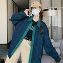 Real shot Denim coat women's Korean style retro loose striped lapel stitching design niche cardigan long sleeve top