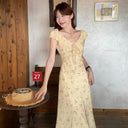 French-Style Stunning V-Neck Floral Dress for Women, 2025 Summer Elegant Waist-Cinching Long Dress, Tea Break Dress, Vacation Style Long Dress