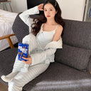 Milk Blue Striped German Velvet Pajamas Three-piece Set Women's Autumn and Winter New Arrival Long-sleeved Cardigan Trousers Home Clothes suit