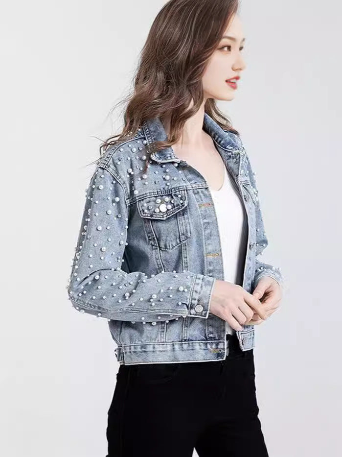 Cross-border Amazon ebay European and American Women's Pearl Denim Jacket Short Rhinestone Denim Jacket Coat Top