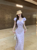 French-Style Stunning V-Neck Floral Dress for Women, 2025 Summer Elegant Waist-Cinching Long Dress, Tea Break Dress, Vacation Style Long Dress