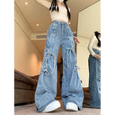 Real shot!!! American Retro Caught Pants Wide-leg Jeans Women's All-match High-waist Straight Pants