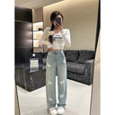 Three-dimensional Lace Butterfly Wide Leg Elastic Jeans Women's New Niche Fashion Straight Pants for Spring 2024