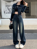 Spring and Autumn Women's Straight 2025 New Explosions Personalized Jeans Women's Trendy Cool Students Retro Mopping Wide Pant Legs
