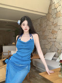 Korean Ins Swimsuit Hot Spring Vacation Four-Piece Set Blue Sexy Pure Lust Style Suspender Sexy Summer Halterneck Wholesale