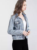 Cross-border Amazon ebay European and American Women's Pearl Denim Jacket Short Rhinestone Denim Jacket Coat Top