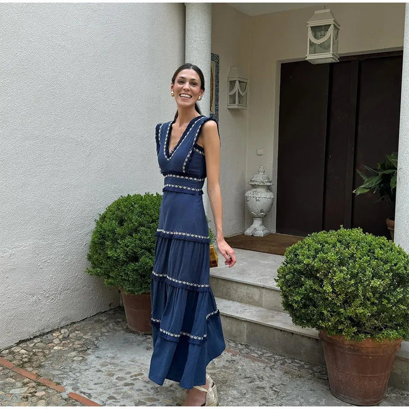 Cross-border European and American Women's AliExpress Retro Tassel Stitching Fashion V-neck Sleeveless High Waist Cheongsam dress