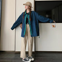 Real shot Denim coat women's Korean style retro loose striped lapel stitching design niche cardigan long sleeve top
