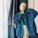 Real shot Denim coat women's Korean style retro loose striped lapel stitching design niche cardigan long sleeve top