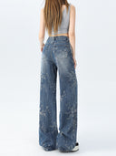 2025 New Jacquard Jeans Women's American Loose Floor-Length Pants Versatile High-Waisted Narrow Wide-Leg Pants Women's Trousers