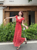 French-Style Stunning V-Neck Floral Dress for Women, 2025 Summer Elegant Waist-Cinching Long Dress, Tea Break Dress, Vacation Style Long Dress
