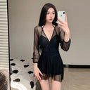Women's Swimsuit Summer 2025 New One-Piece Skirt Style Covering Belly and Slimming Look Conservative Lace Long-Sleeved Small Breast Underwire Hot Spring Swimsuit