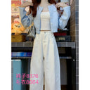Autumn New Fashion Short Blue Knitted Cardigan Wide Leg Pants Lazy Style Two-piece Suit for Women
