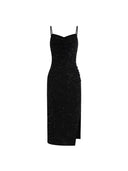2024 Summer New Korean-style Hepburn Black Dress Mid-length Slimming Sequin Split Slim Sling Sexy dress