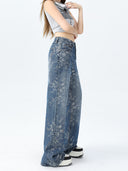 2025 New Jacquard Jeans Women's American Loose Floor-Length Pants Versatile High-Waisted Narrow Wide-Leg Pants Women's Trousers