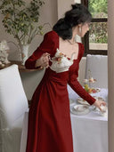 Red Long-sleeved dress Women's Spring and Autumn French Engagement Dress Bride Toasting Dress Usually Wearing Red Skirt Long Dress