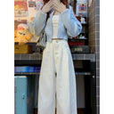 Autumn New Fashion Short Blue Knitted Cardigan Wide Leg Pants Lazy Style Two-piece Suit for Women