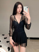 Women's Swimsuit Summer 2025 New One-Piece Skirt Style Covering Belly and Slimming Look Conservative Lace Long-Sleeved Small Breast Underwire Hot Spring Swimsuit