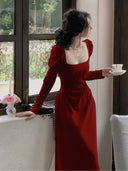 Red Long-sleeved dress Women's Spring and Autumn French Engagement Dress Bride Toasting Dress Usually Wearing Red Skirt Long Dress