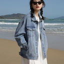 Slim American Retro Denim Jacket Women's Water Style Washed Denim Loose Casual Long-Sleeved Versatile Top Long Ins