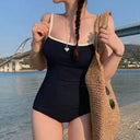 Manufacturer Wholesale New Ins Style Swimsuit Sexy Beautiful Back Covering Belly Slimming Look Pure Color Simple Fashion One-Piece Swimsuit for Women