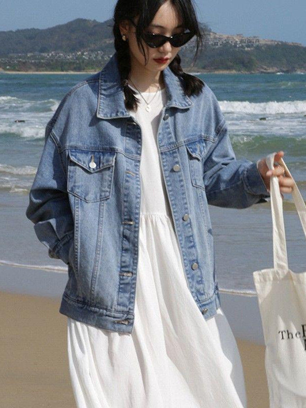 Slim American Retro Denim Jacket Women's Water Style Washed Denim Loose Casual Long-Sleeved Versatile Top Long Ins