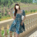Floral dress Women's Summer French Style Elegant Short Waisted Skirt Niche Tutu Skirt Design Sense Sweet Puff Sleeve Skirt
