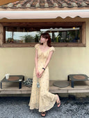 French-Style Stunning V-Neck Floral Dress for Women, 2025 Summer Elegant Waist-Cinching Long Dress, Tea Break Dress, Vacation Style Long Dress