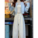 Autumn New Fashion Short Blue Knitted Cardigan Wide Leg Pants Lazy Style Two-piece Suit for Women