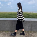 Spring and Autumn Women's Hong Kong-style Slimming Loose Striped Sweat Half-length Skirt Wear a Complete Set of Korean-style Two-piece Suit