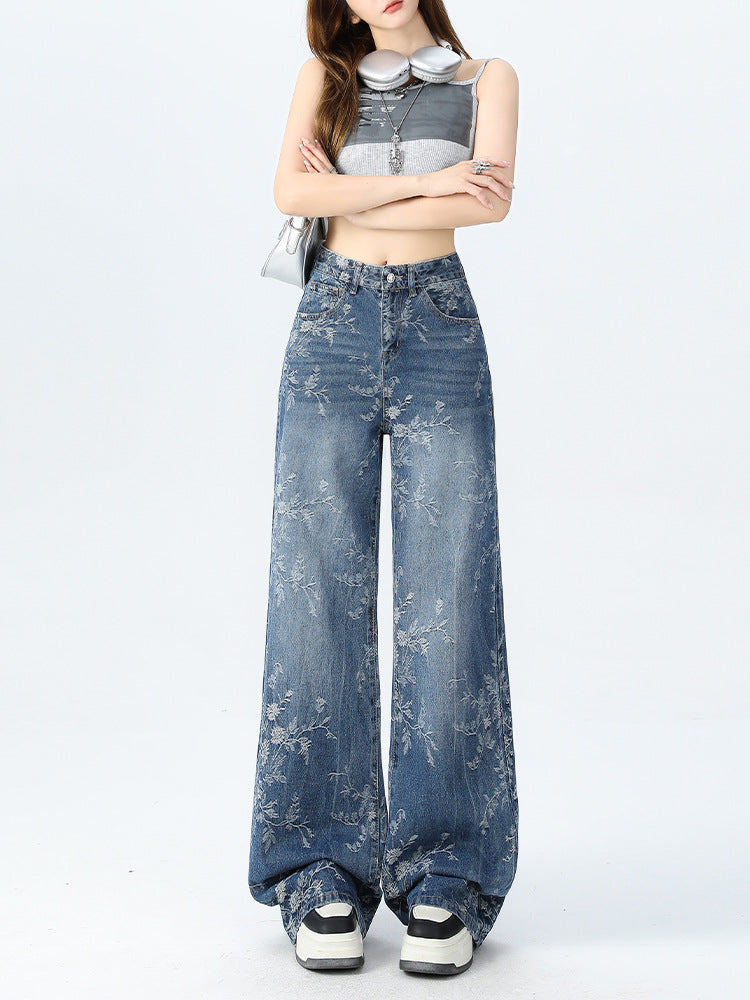 2025 New Jacquard Jeans Women's American Loose Floor-Length Pants Versatile High-Waisted Narrow Wide-Leg Pants Women's Trousers