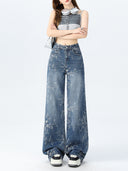 2025 New Jacquard Jeans Women's American Loose Floor-Length Pants Versatile High-Waisted Narrow Wide-Leg Pants Women's Trousers