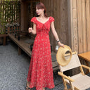 French-Style Stunning V-Neck Floral Dress for Women, 2025 Summer Elegant Waist-Cinching Long Dress, Tea Break Dress, Vacation Style Long Dress