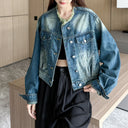 Cross-Border Short Vintage Blue Denim Jacket, Elegant and Slimming, Versatile Jacket, Denim Fabric, Women's Denim Top