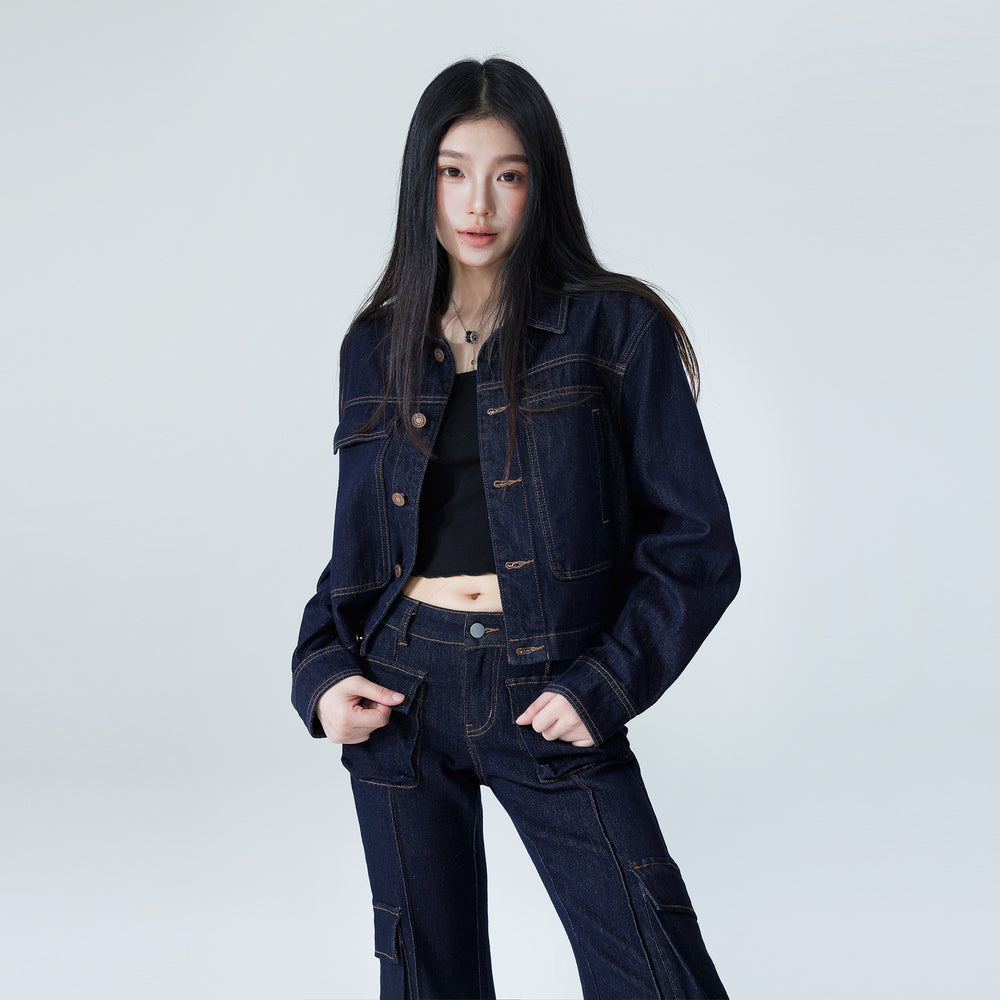 Autumn 2024 New Tannin Blue Denim Short Coat Women's American Style Retro Fashion Design Asymmetric Tooling Top