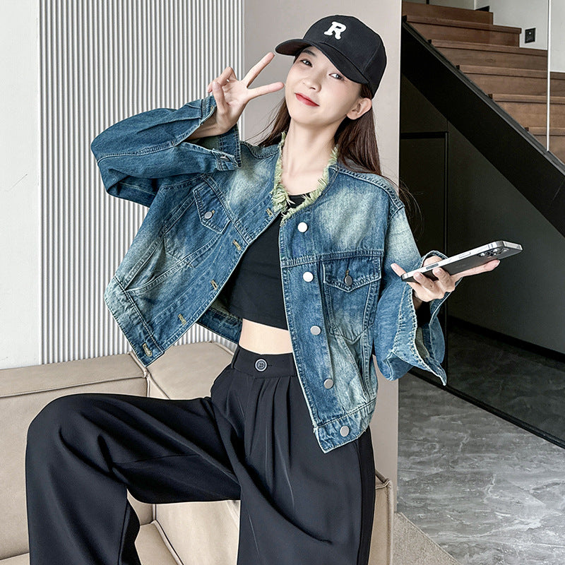 Cross-Border Short Vintage Blue Denim Jacket, Elegant and Slimming, Versatile Jacket, Denim Fabric, Women's Denim Top