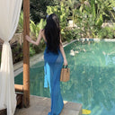 Korean Ins Swimsuit Hot Spring Vacation Four-Piece Set Blue Sexy Pure Lust Style Suspender Sexy Summer Halterneck Wholesale