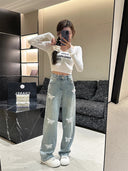 Three-dimensional Lace Butterfly Wide Leg Elastic Jeans Women's New Niche Fashion Straight Pants for Spring 2024