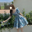 Floral dress Women's Summer French Style Elegant Short Waisted Skirt Niche Tutu Skirt Design Sense Sweet Puff Sleeve Skirt