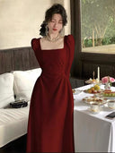 Red Long-sleeved dress Women's Spring and Autumn French Engagement Dress Bride Toasting Dress Usually Wearing Red Skirt Long Dress