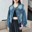 Cross-Border Short Vintage Blue Denim Jacket, Elegant and Slimming, Versatile Jacket, Denim Fabric, Women's Denim Top