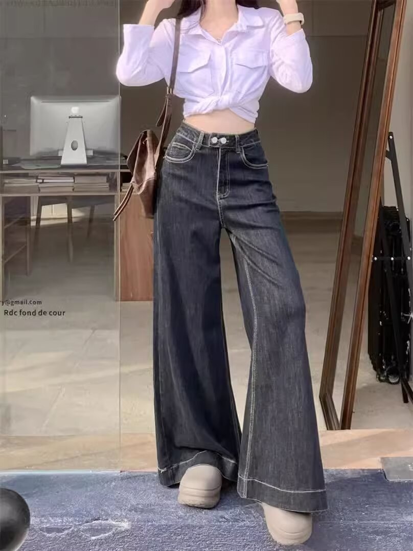 Two-button Wide-leg Jeans All-match 2024 Small Stretch High Waist Dipped Pants for Women