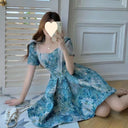 Floral dress Women's Summer French Style Elegant Short Waisted Skirt Niche Tutu Skirt Design Sense Sweet Puff Sleeve Skirt