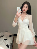 Women's Swimsuit Summer 2025 New One-Piece Skirt Style Covering Belly and Slimming Look Conservative Lace Long-Sleeved Small Breast Underwire Hot Spring Swimsuit