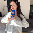 Milk Blue Striped German Velvet Pajamas Three-piece Set Women's Autumn and Winter New Arrival Long-sleeved Cardigan Trousers Home Clothes suit