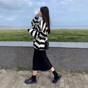 Spring and Autumn Women's Hong Kong-style Slimming Loose Striped Sweat Half-length Skirt Wear a Complete Set of Korean-style Two-piece Suit