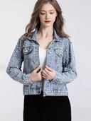Cross-border Amazon ebay European and American Women's Pearl Denim Jacket Short Rhinestone Denim Jacket Coat Top